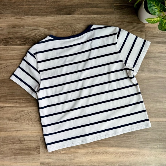 Athleta Size M Striped V Neck Tee White Navy Short Sleeve Top - Picture 9 of 9